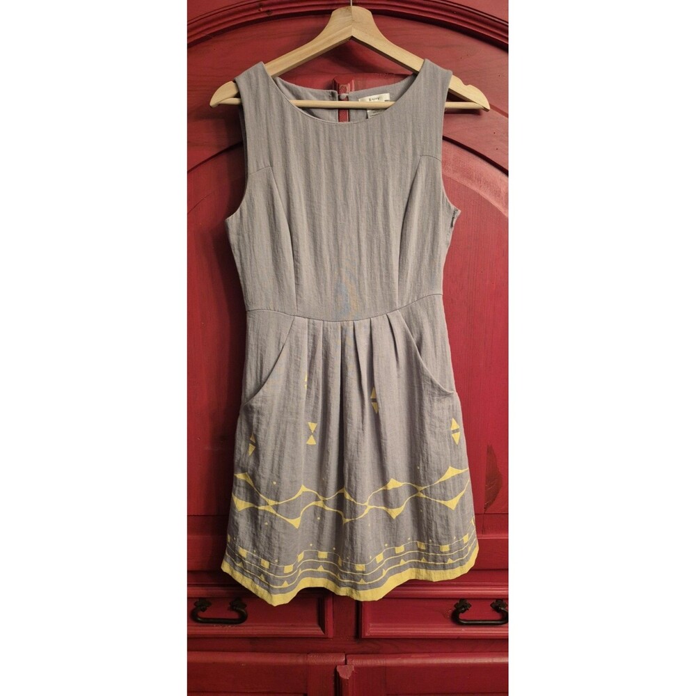 Esley S Fit Flare Sleeveless Dress Cotton Blend Gray Yellow Pockets Ruched EUC